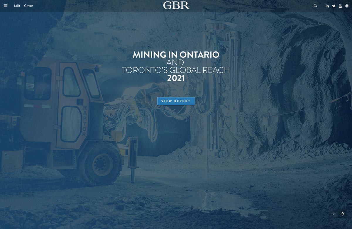 Image of the online GBR Mining in Ontario and Toronto's Global Reach 2021 online cover webpage.